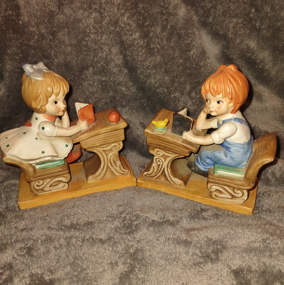 Enesco Korea Ceramic School Children Figurines Boy & Girl At Desks